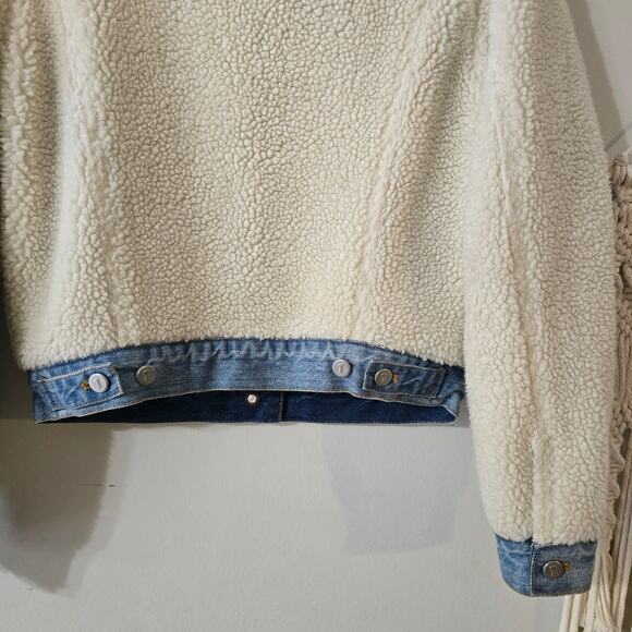 Anthro Pilcro and the Letterpress Sherpa Denim Jacket Cream Blue Size S Small - Picture 10 of 12